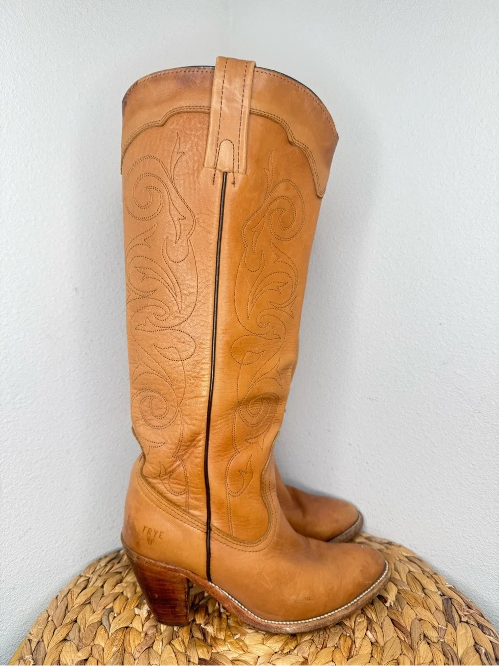 VTG FRYE Western Boot Knee high Tall Tan Leather Cowboy Boots Camel Stitched